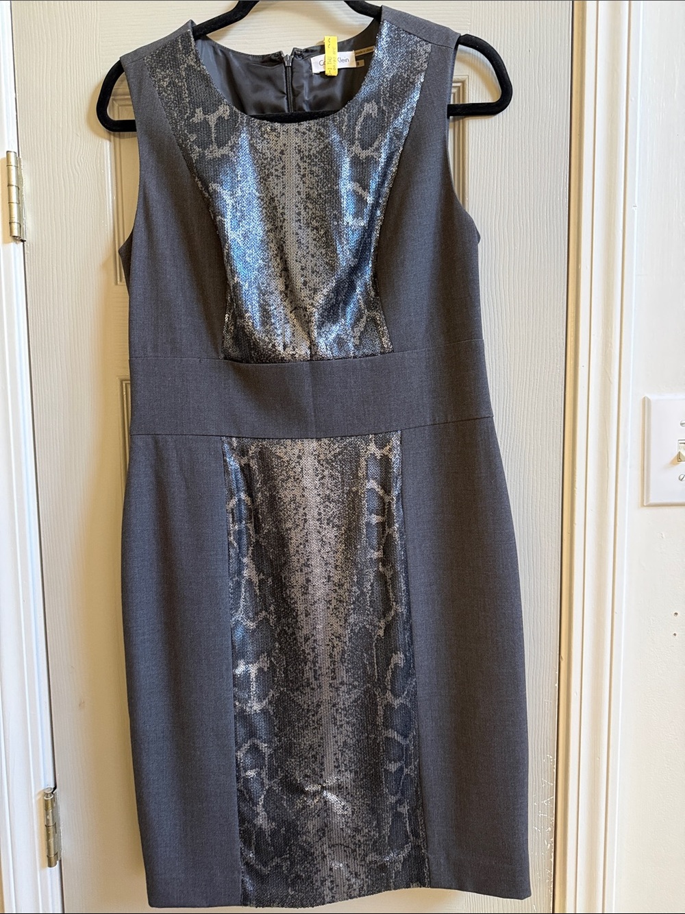 Calvin Klein Gray Sheath Dress with Metallic Snake-Print Panels